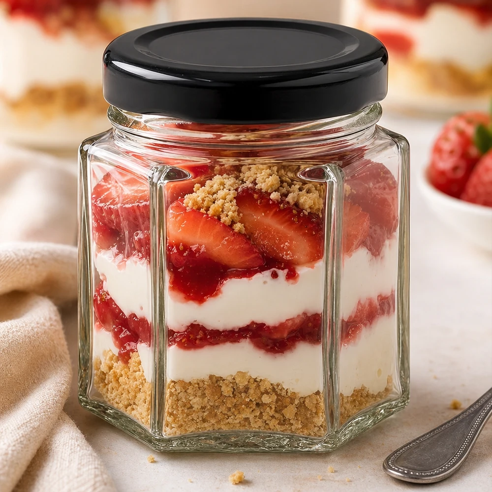 47 ml hexaglas met zwart deksel als dessertglas met een gelaagd dessert van aardbeien, room en koekkruimels