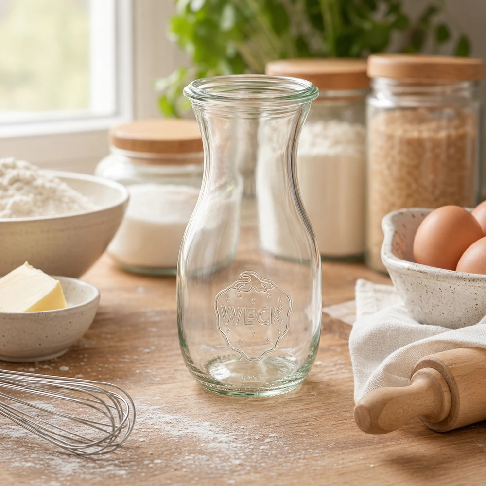 WECK RR60 sapfles van 290 ml WECK sapfles 290ml RR60 op een houten tafel tussen bakingrediënten zoals eieren, bloem en keukengerei in een warme sfeer