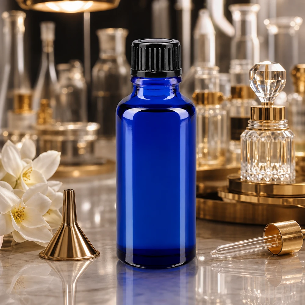 Glazen flesje van 30 ml met UV-bescherming in kobaltblauw met een zwarte schroefdop voor etherische oliën en serums