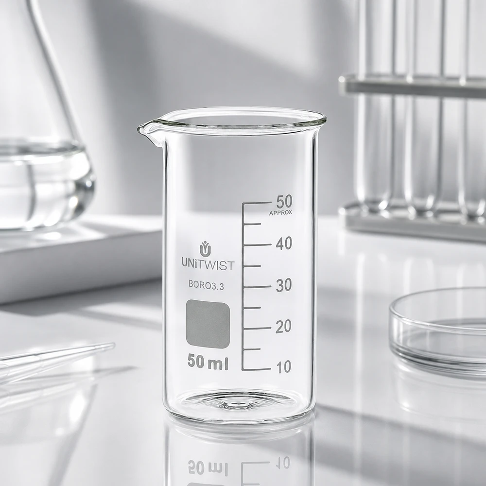 UNITWIST laboratoriumbeker van 50 ml, vervaardigd uit hittebestendig borosilicaatglas 3.3, in een hoge, stabiele glasvorm