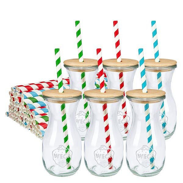 6 x WECK 290 ml sapfles RR60 met houten deksel en 100 ecologische papieren rietjes 6 WECK sapflessen 290ml met houten deksel en kleurrijke eco papieren rietjes groen rood blauw gestreepte glazen flessen set