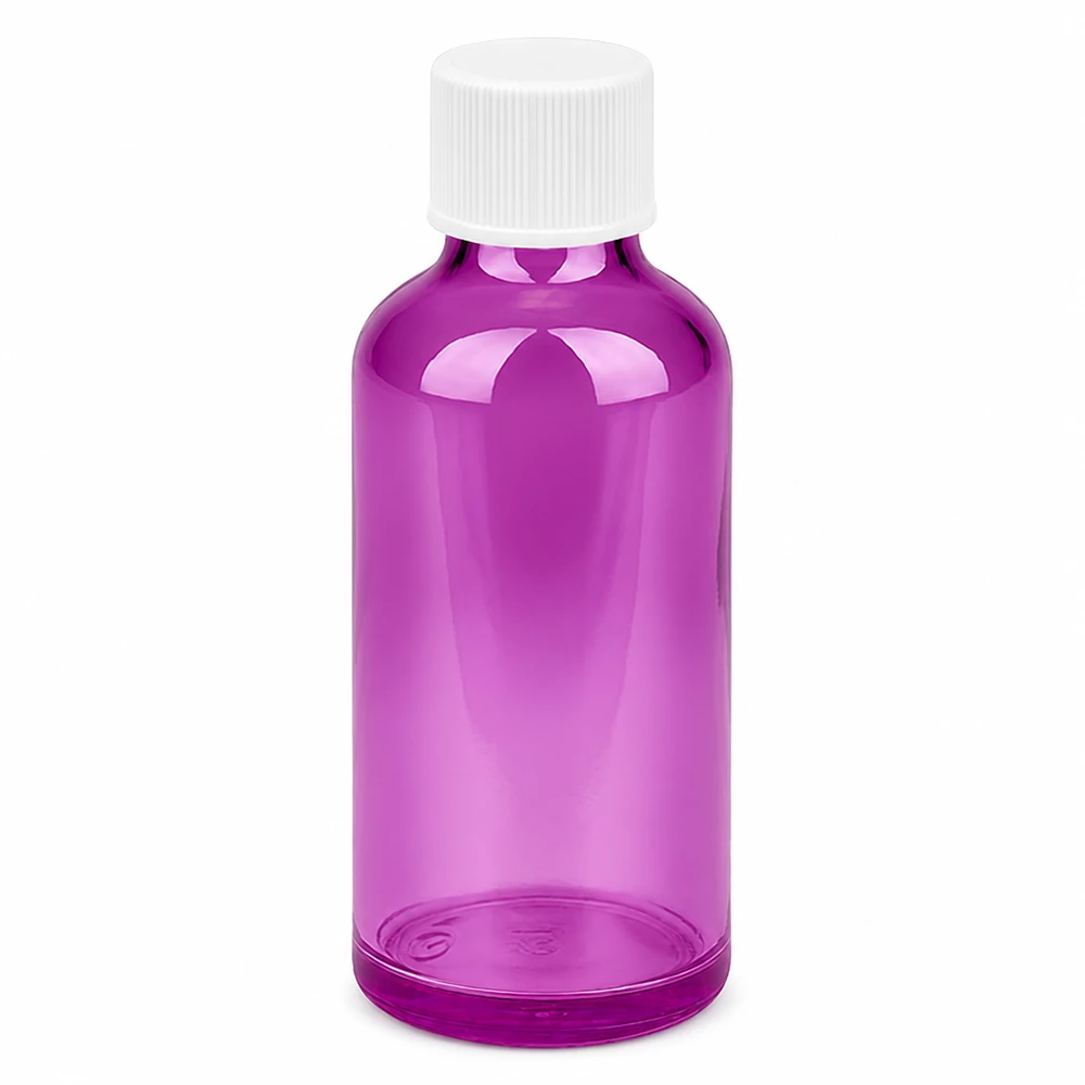 Ronde 50ml glazen fles in paars met witte 11mm SV dop voor apotheken