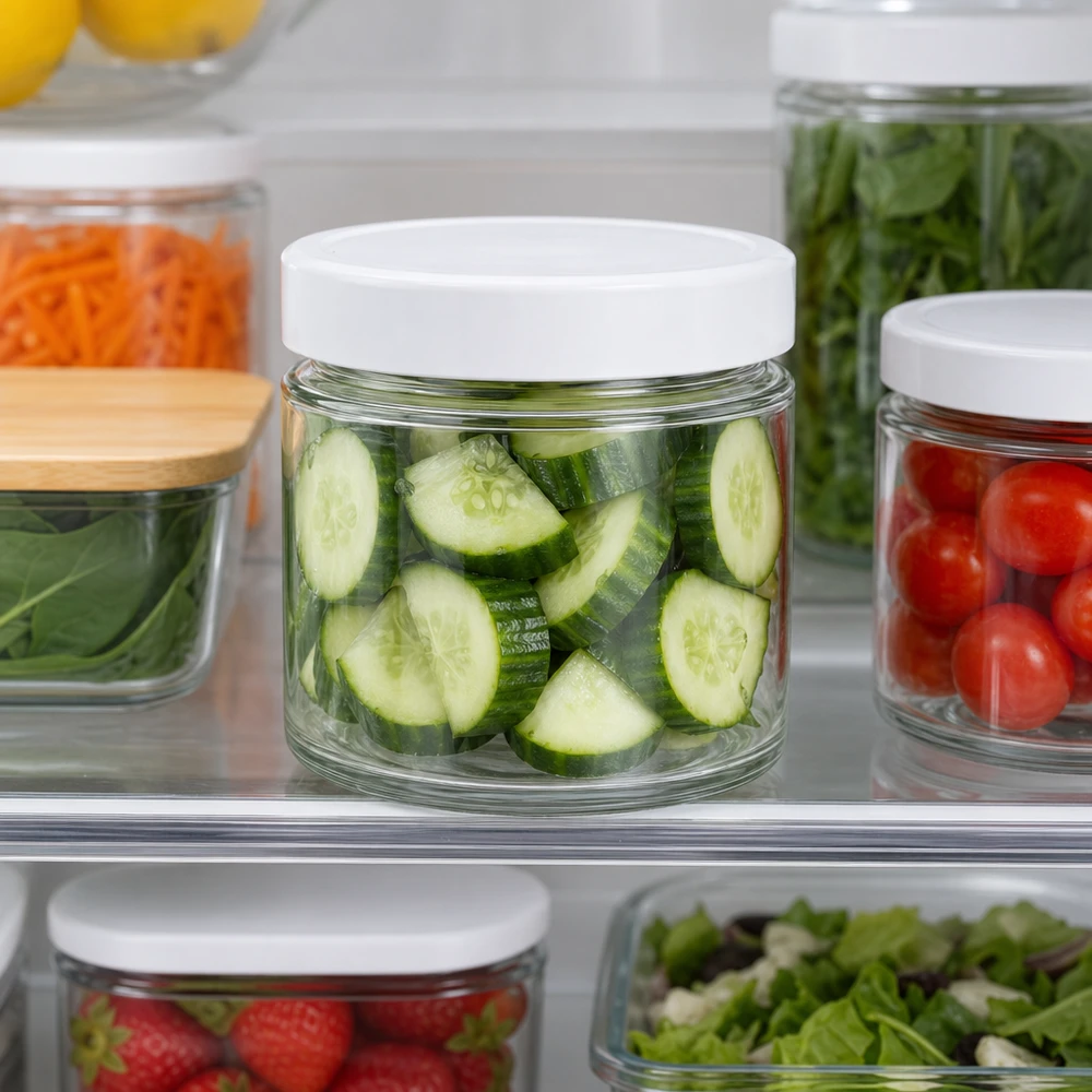 135ml ronde pot BasicSeal deksel wit Koelkast Meal Prep gesneden komkommer Groente bewaren Vers houden