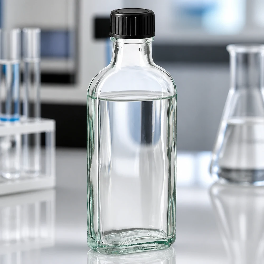 Kleine, platte glazen fles van 100 ml met een zwarte schroefdop en afgevlakte zijkanten in het laboratorium