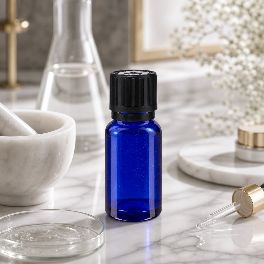 Blauw glazen flesje van 10 ml met een druppelaar van 1 mm op marmer, omringd door laboratoriumbenodigdheden en bloemendecoratie