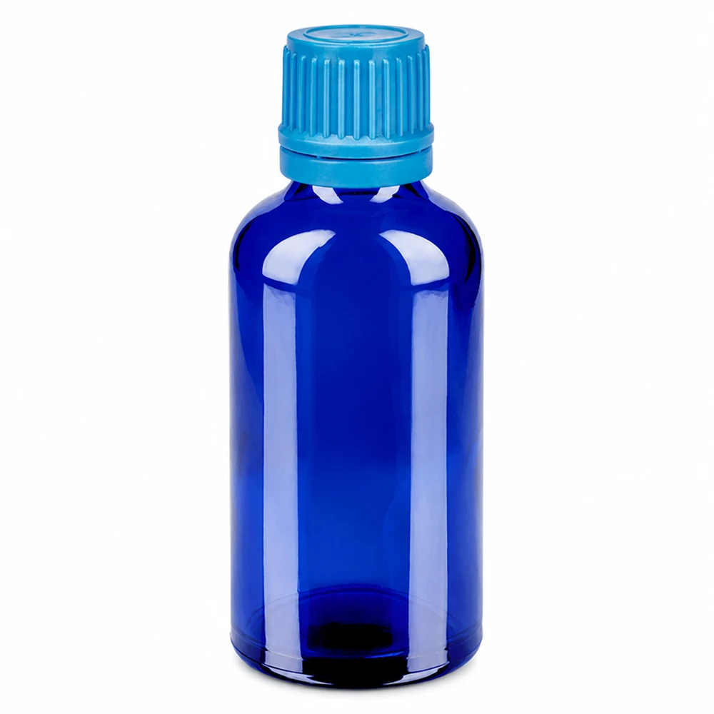 50ml flacon 11mm SV blauw OV BlueLine UT18/50 Compact 50ml flesje in kobaltblauw, ideaal voor essentiële oliën en tincturen