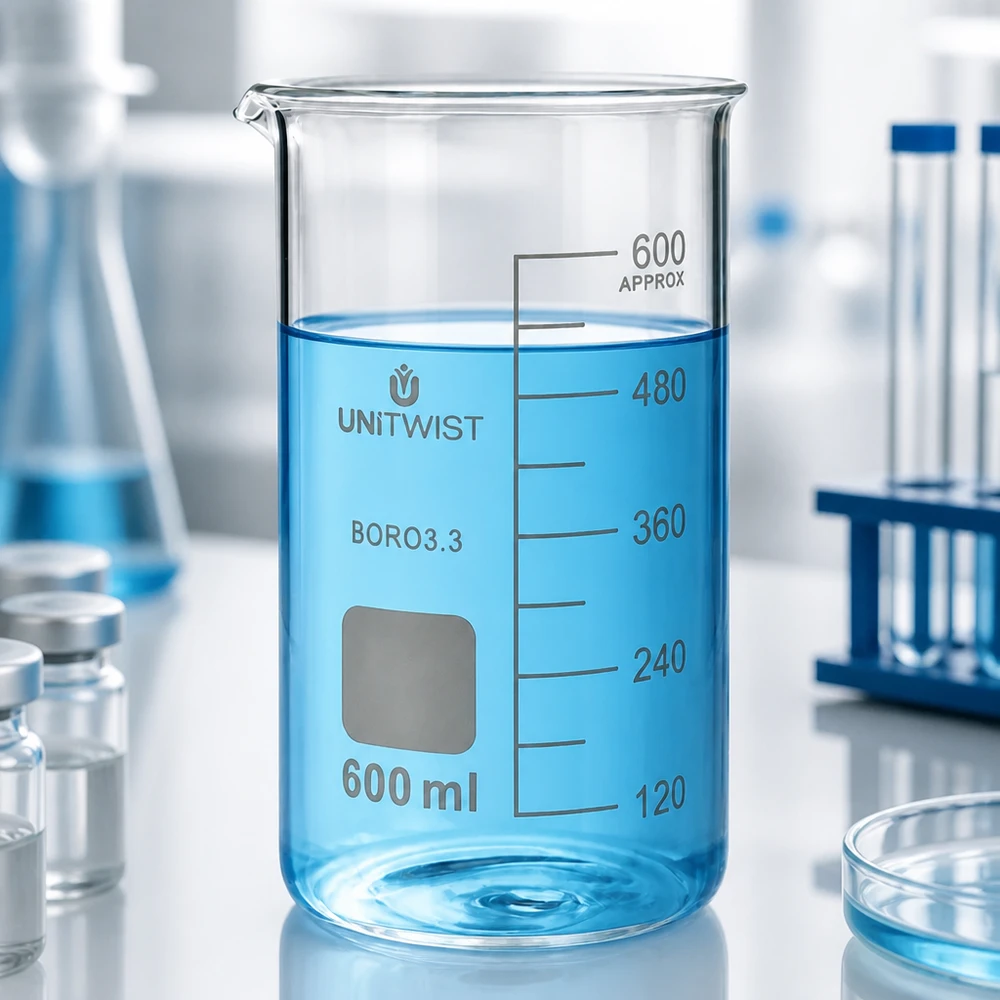 Hoog bekerglas 600 ml UNITWIST van borosilicaatglas met turquoise vloeistof en maatstreepjes