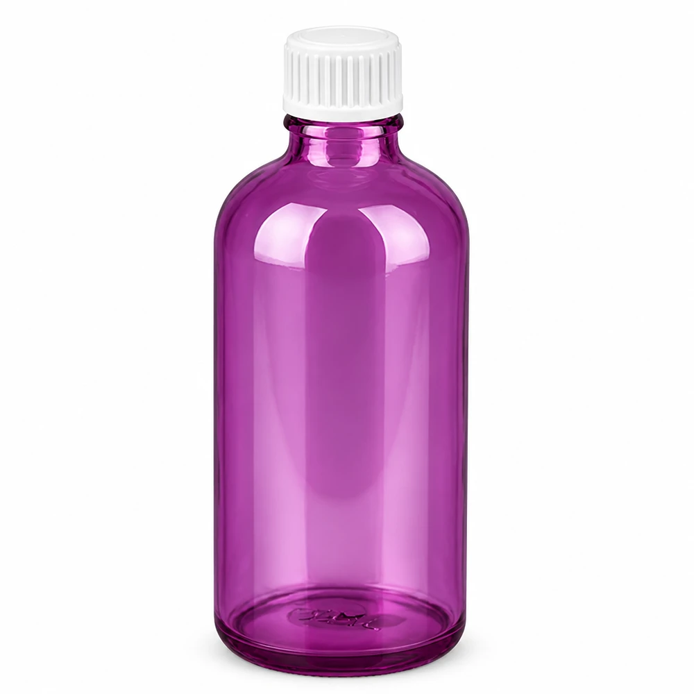 Klein 100ml flesje van dik glas in paarse kleur met praktische schroefdop