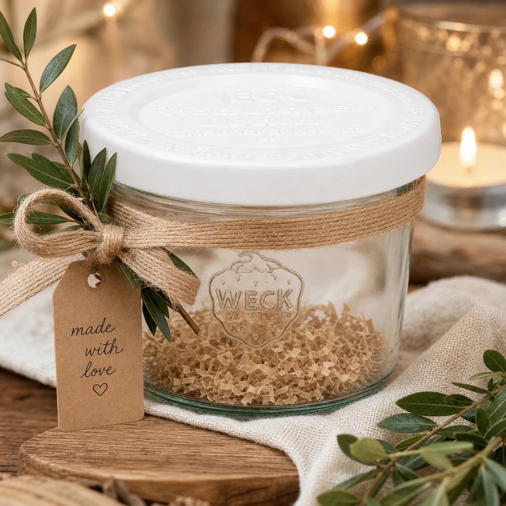 WECK 80ml bekers RR60 decoratief gerangschikt met jute koord cadeau tag en olijftakken op rustiek hout