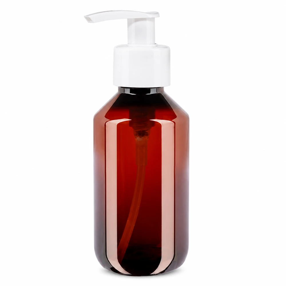 200 ml PET medicijnfles met wit dispenserpomp, standaard Nachfüllbare 200ml Kunststoffflasche bernsteinfarben mit weissem Pumpaufsatz für Kosmetik