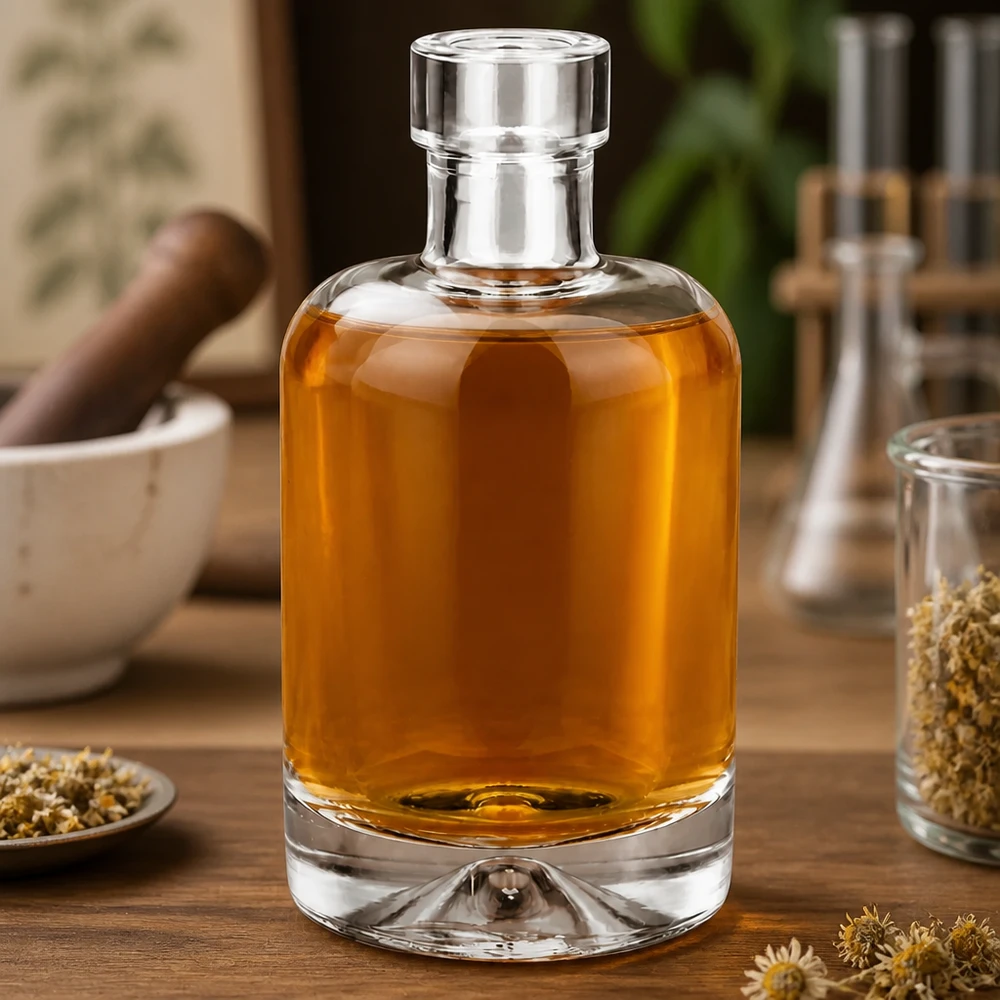 Glazen Amelie-fles van 50 ml gevuld met amberkleurig kruidenelixer op een houten tafel versierd met kamille en kruiden