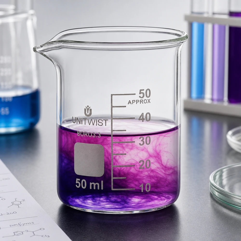 Beker 50ml borosilicaat, lage vorm UNiTWIST Hittebestendige bekerglas 50 ml UNiTWIST BORO 3.3, lage vorm met roze-paarse vloeistof