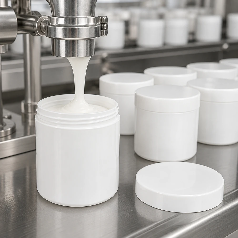 Zalfpot 100 g wit met schroefdeksel wit (PP) Meerdere witte PP-zalfpotjes van 100 g met schroefdeksel op een roestvrijstalen transportband