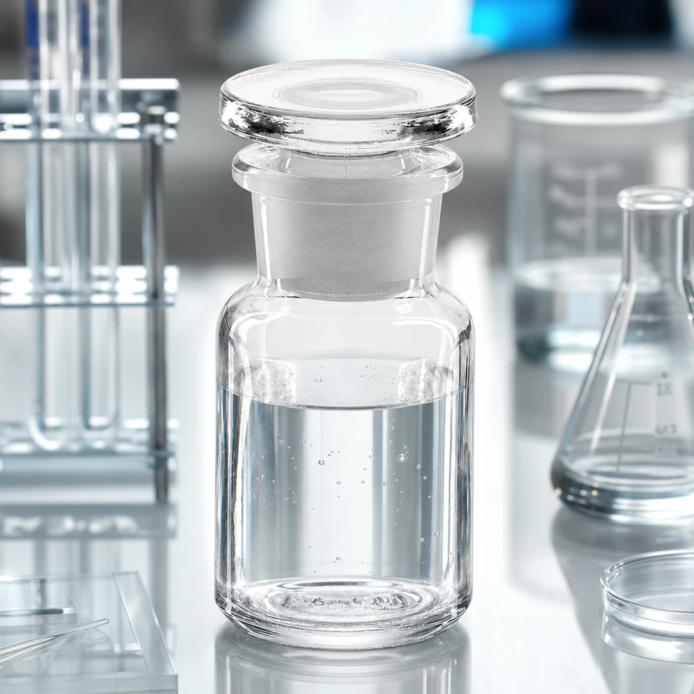 Fles met ronde schouders en brede hals, 50 ml, helder, met ingeslepen stop en gevuld met heldere laboratoriumvloeistof