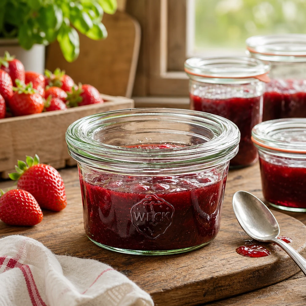 WECK bekers 50ml gevuld met aardbeienjam op een houten plank naast verse aardbeien in een rustieke keuken