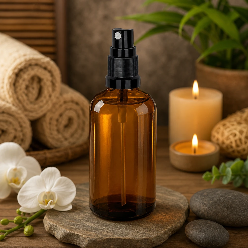 100ml Spuitfles zwart STD BrownLine UT18/100 Elegante bruine glazen spuitfles 100ml met matzwart pompverstuiverontwerp