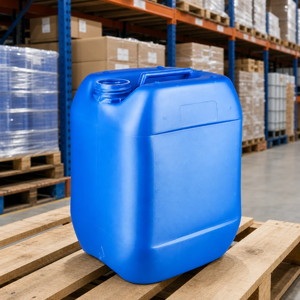 Blauwe opslagjerrycan van 10 liter zonder deksel, met vulopening, op een pallet