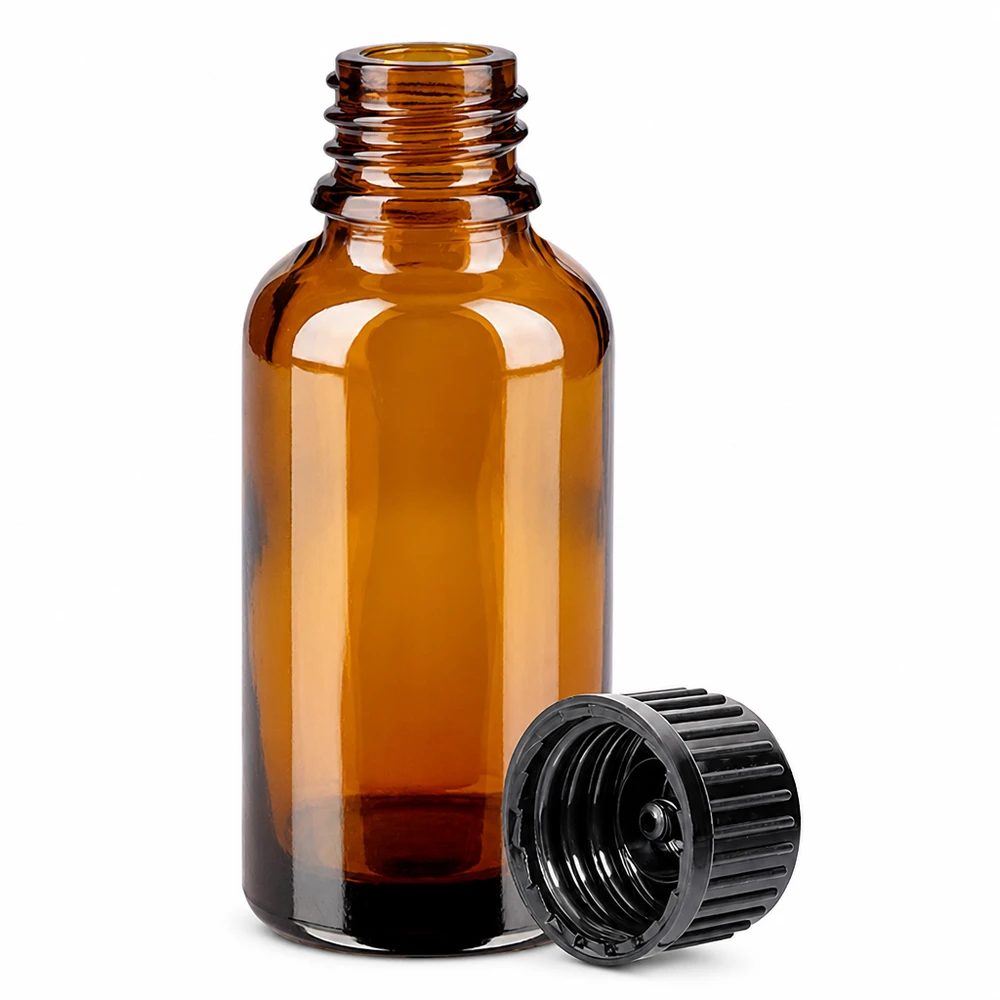 30ml fles 11mm SV zwart STD BrownLine UT18/30 UV-beschermingsflesje van 30 ml van robuust amberkleurig glas met zwarte dop om op te bergen