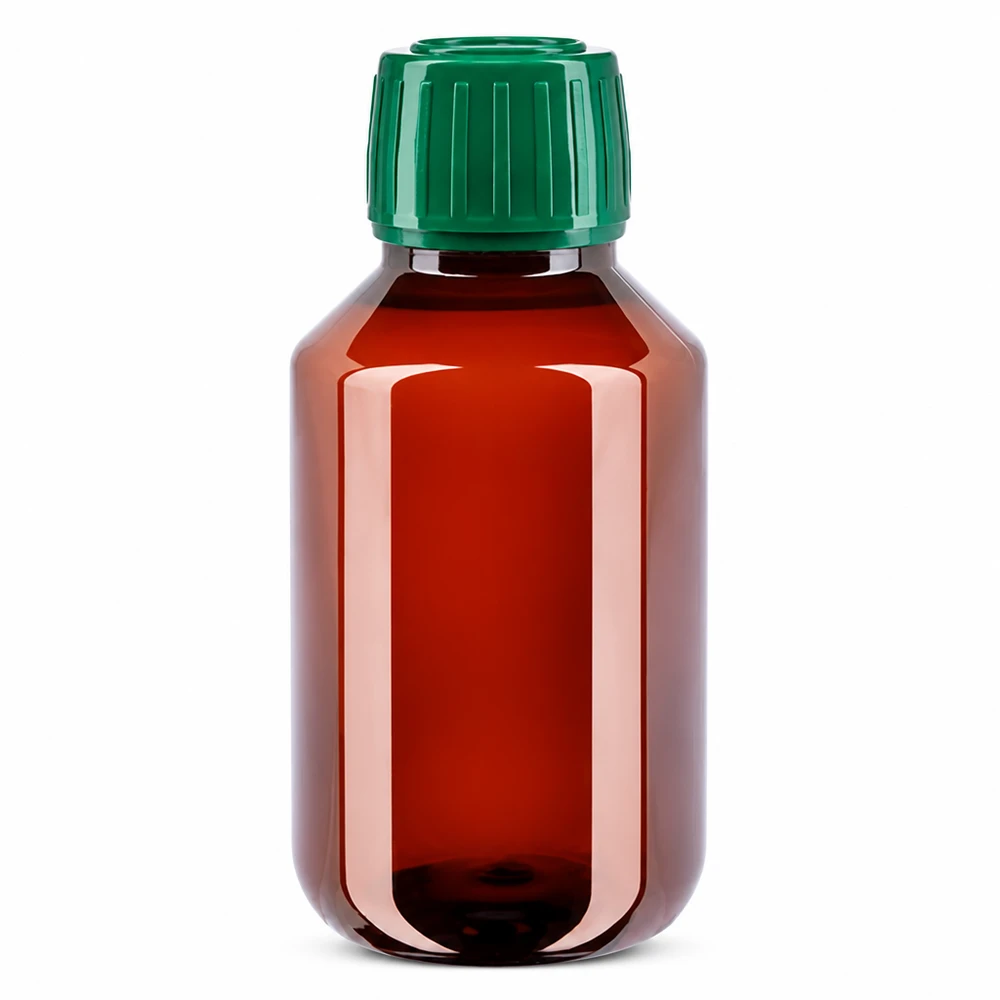 50 ml PET medicijnfles met verstuiver zwart GCMI 28/410 incl. dop transparant, standaard Compacte bruine PET-fles met groene verzegeling, inhoud 100 ml