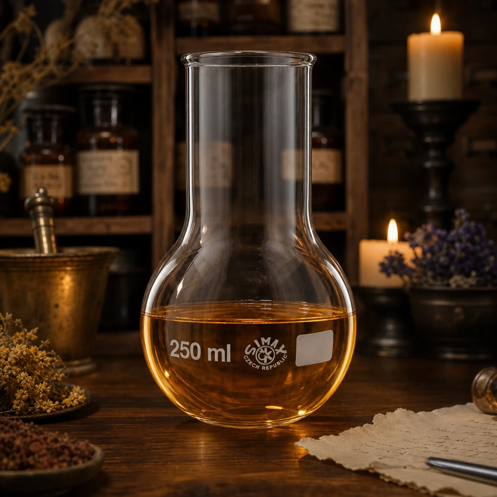 250 ml kolf van hittebestendig glas met gouden vloeistof in vintage laboratoriumsfeer