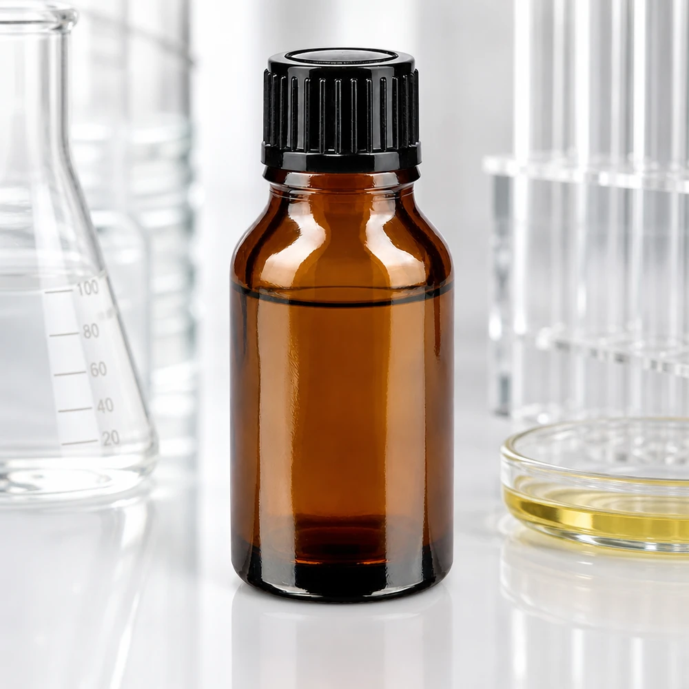 Bruine druppelfles van 15 ml met zwarte dop voor farmaceutische oplossingen