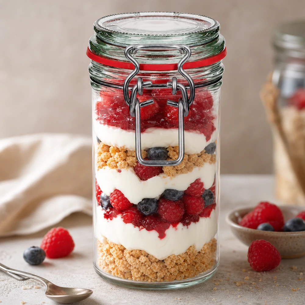 Voorraadpotje met draaidop van 272 ml, gevuld met een gelaagd dessert van bessen, yoghurt en koekkruimels