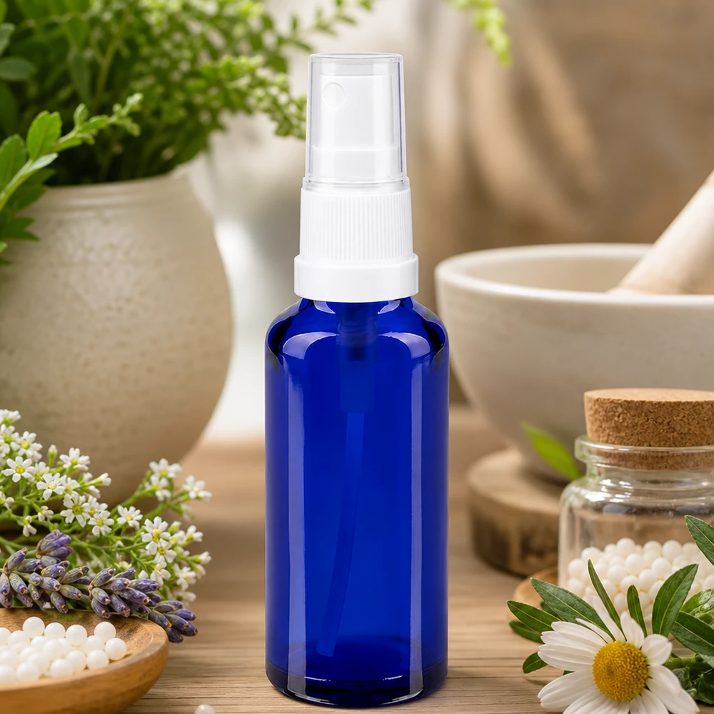 Blauwe glazen flessen 30ml met wit pompverstuiver Blauw glazen flesje van 30 ml met pompspuitkop voor etherische oliën en homeopathische toepassingen