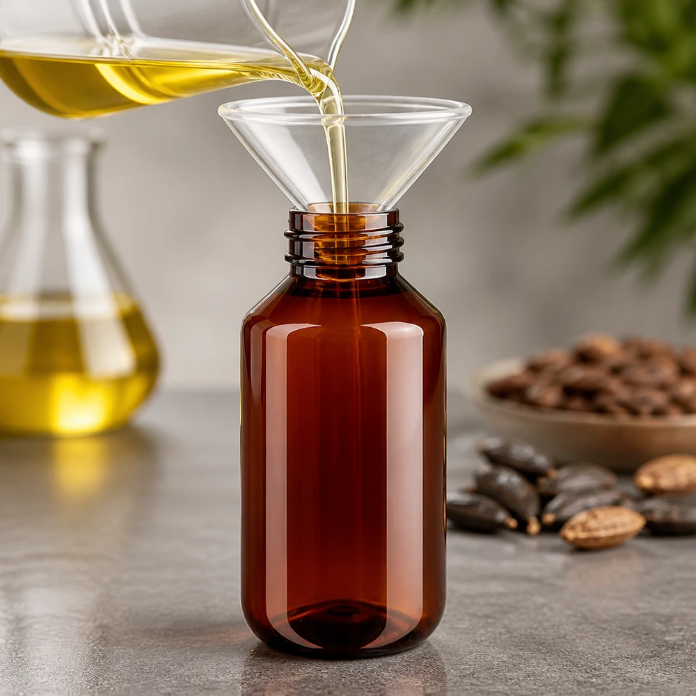 50 ml PET medicijnfles met verstuiver zwart GCMI 28/410 incl. dop transparant, standaard Doorzichtige vultrechter op een bruine PET-fles van 100 ml met schroefdop en OV