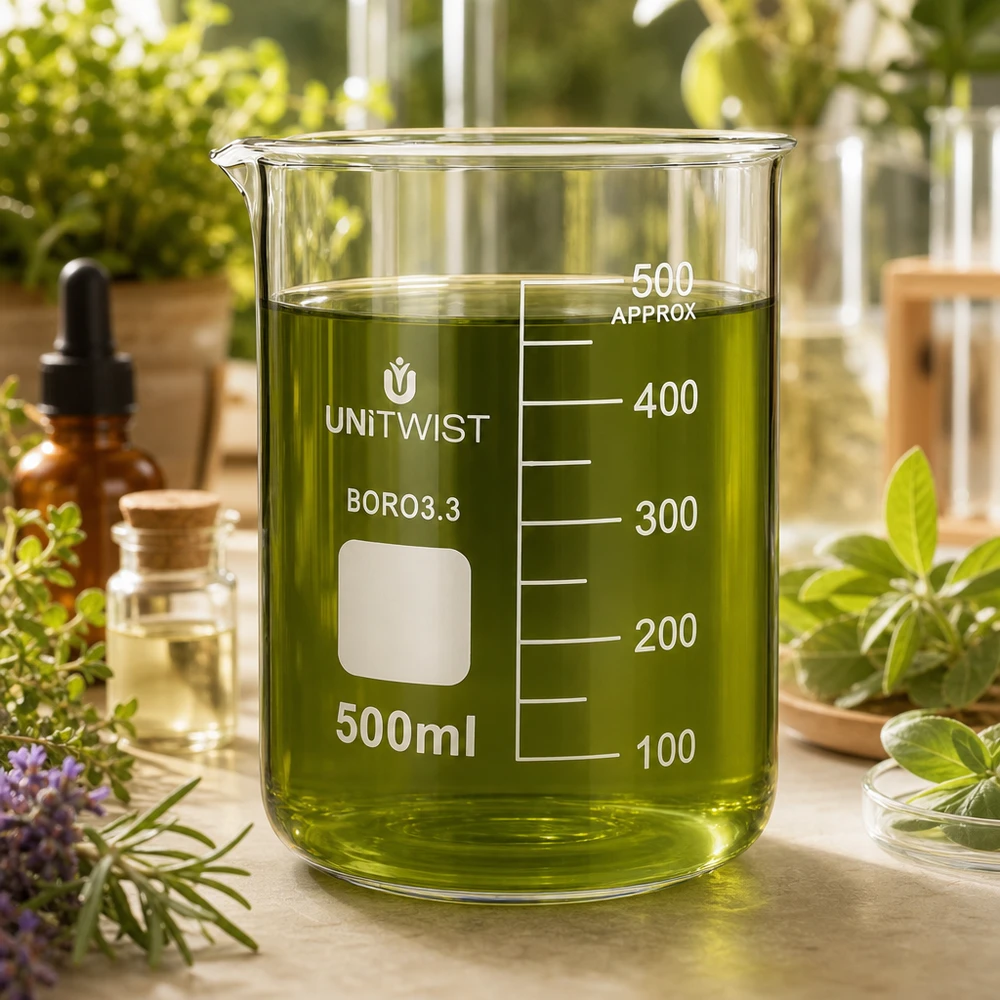 Beker 500ml borosilicaat, lage vorm UNiTWIST Stevig bekerglas 500 ml UNiTWIST, laag model met wit opschriftveld en schenktuit