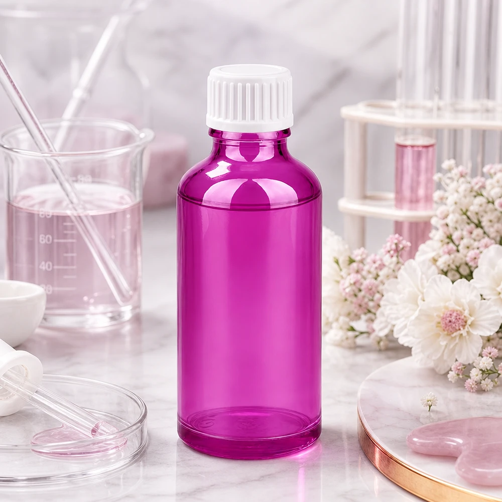 Elegante 50 ml glazen designfles in paars voor hoogwaardige schoonheidsproducten en wellnessoliën