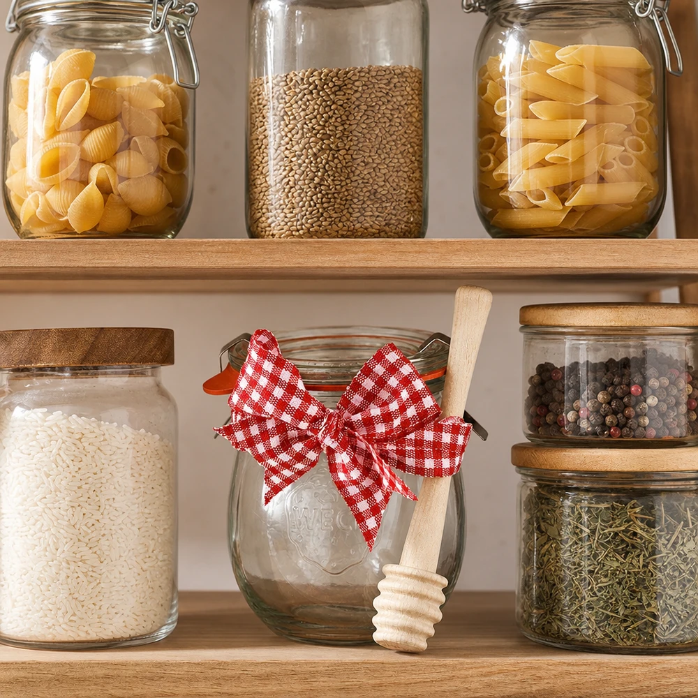 Voorraadkast met WECK potten voor pasta en kruiden, mini tulpenpot 220ml met honinglepel als keukendecoratie