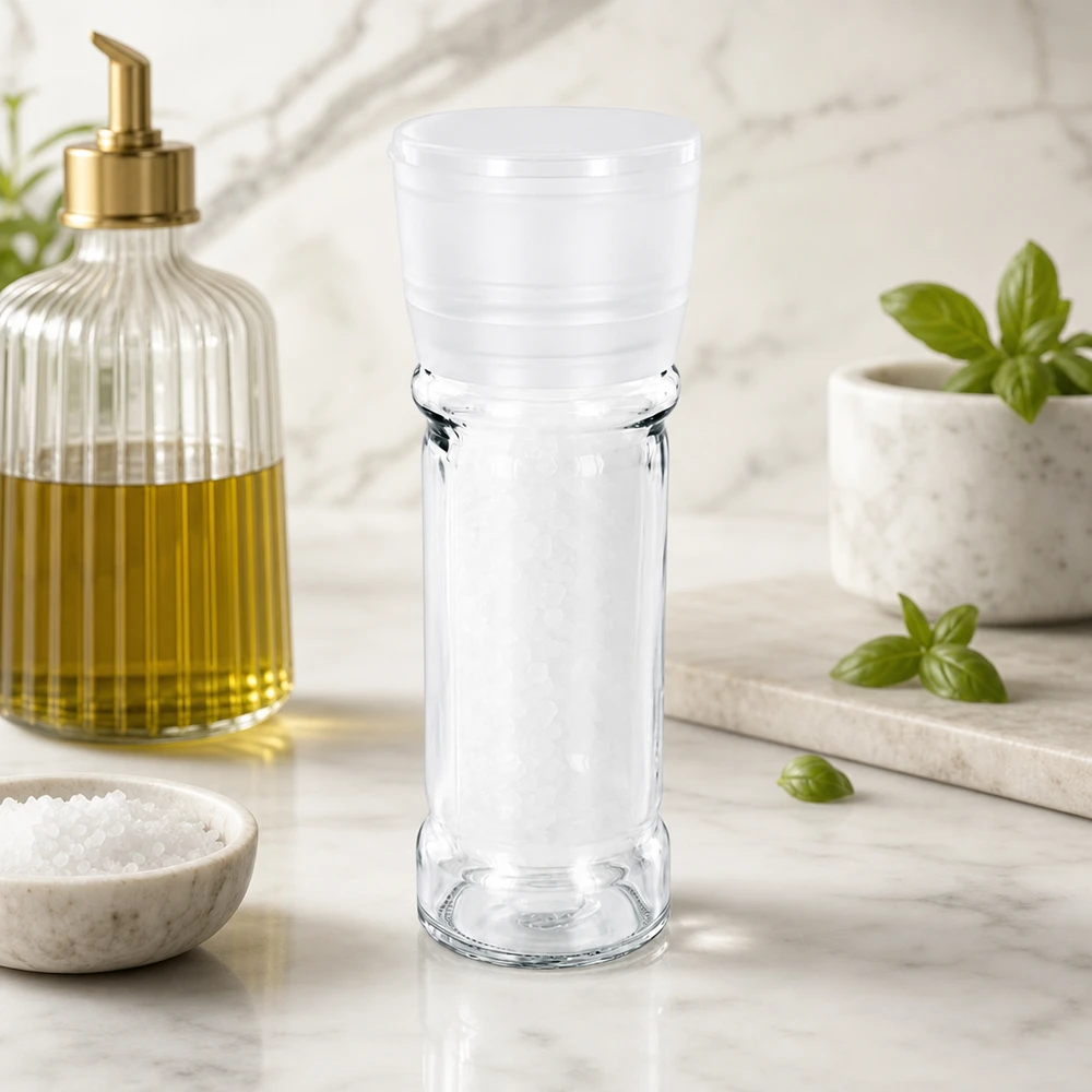 Lege zoutmolen Vario 100 ml met draaibaar wit maalwerk van robuust borosilicaatglas
