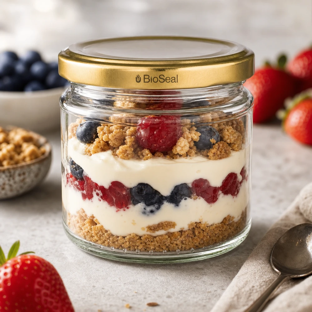 UNiTWIST ronde pot 212ml met gouden TO66 BioSeal deksel als dessertpot met bessenyoghurt gelaagd dessert