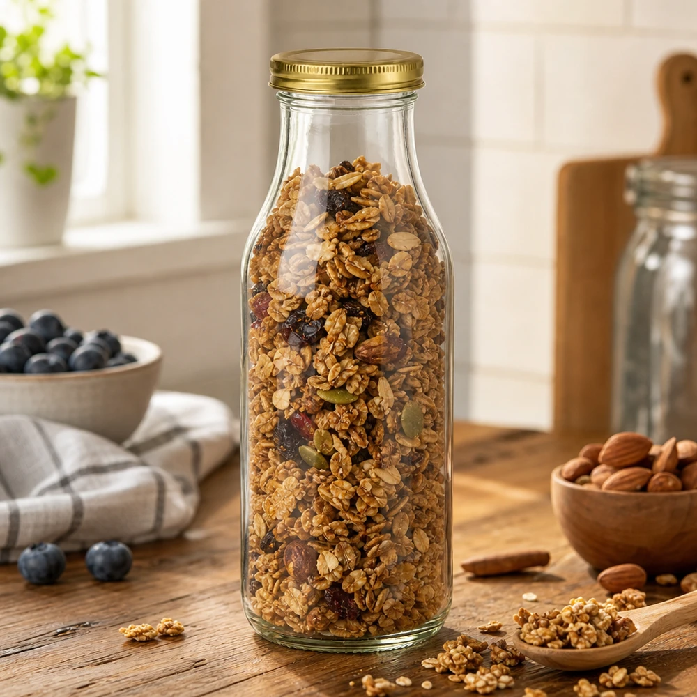 263ml fles met BioSeal deksel goud UNiTWIST UNiTWIST Fles263 gevuld met muesli toont gouden TO43 BioSeal deksel in een rustieke keukenomgeving met noten