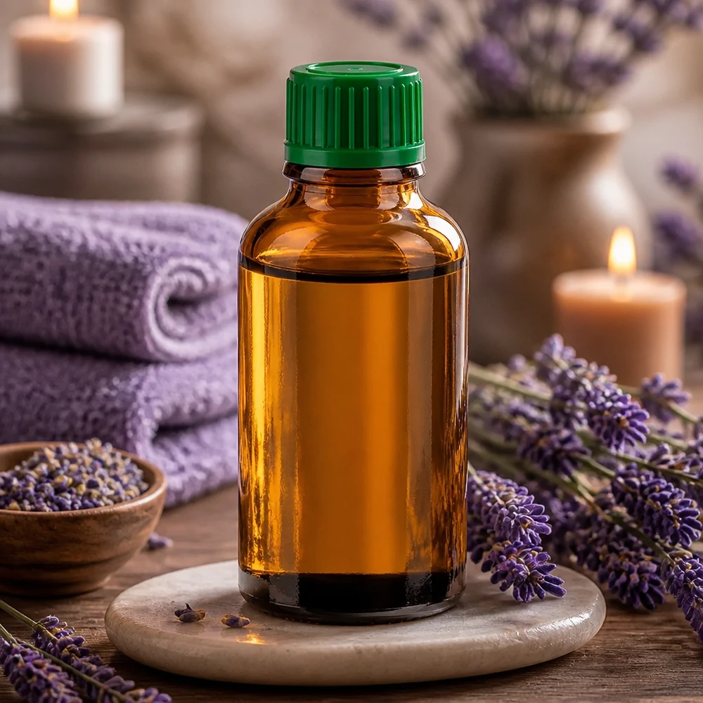 Praktische amberkleurige glazen fles van 30 ml met dichte groene dop voor mobiele toepassingen