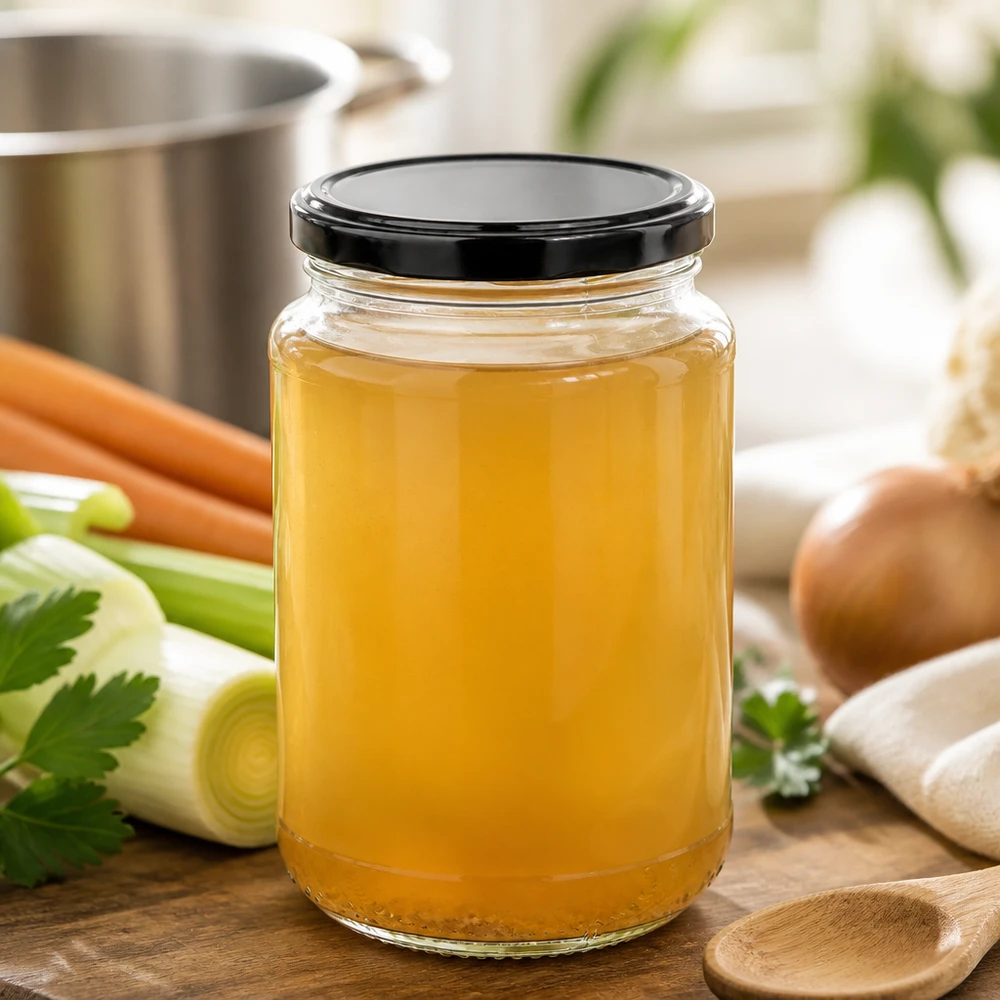 Doorzichtig rond glas van 320 ml, UNiTWIST BasicSeal, zwart, met amberkleurige bouillon, wortelen, prei en uien