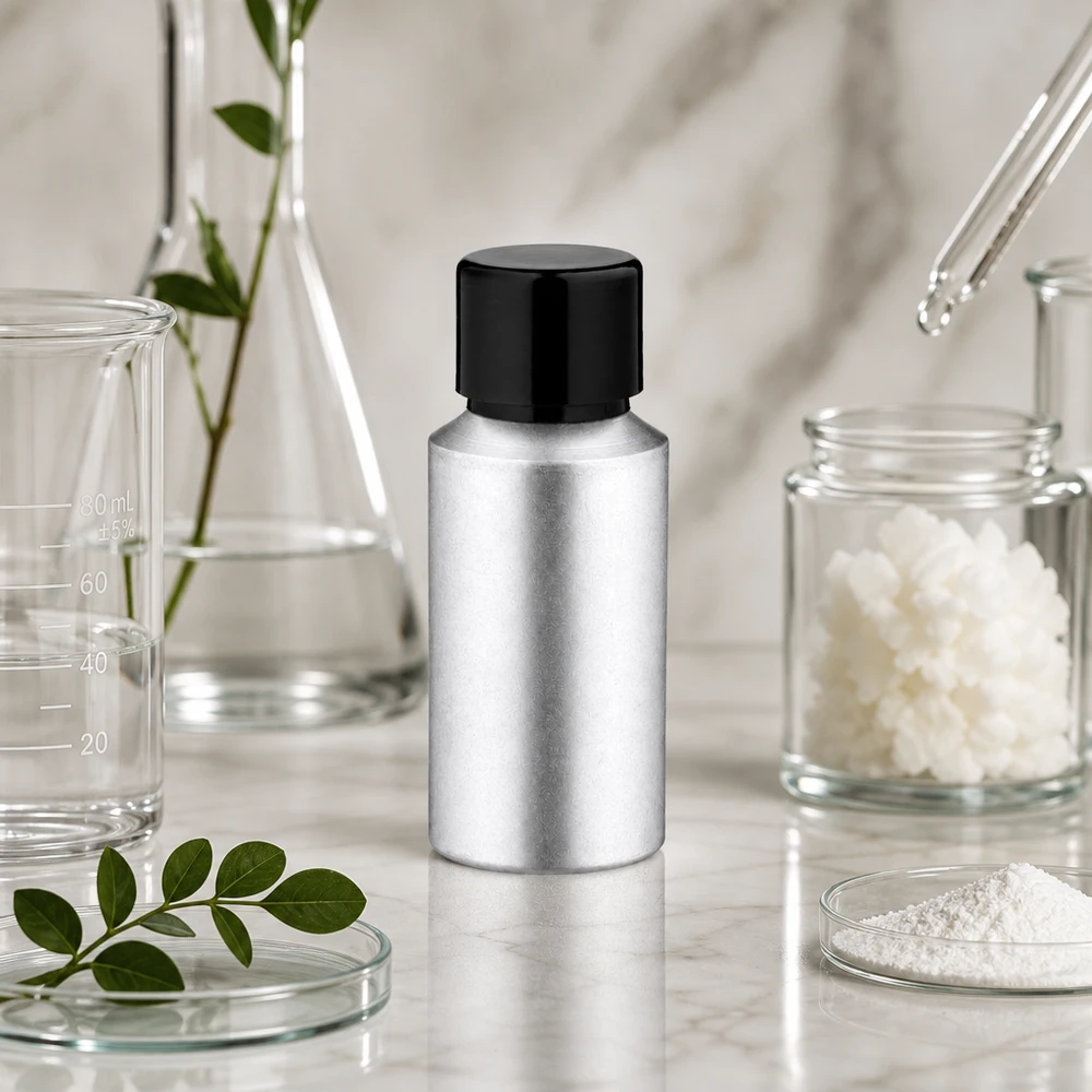 Compact metalen flesje van 30 ml met zwarte dop, perfect voor medicijnen en apotheken