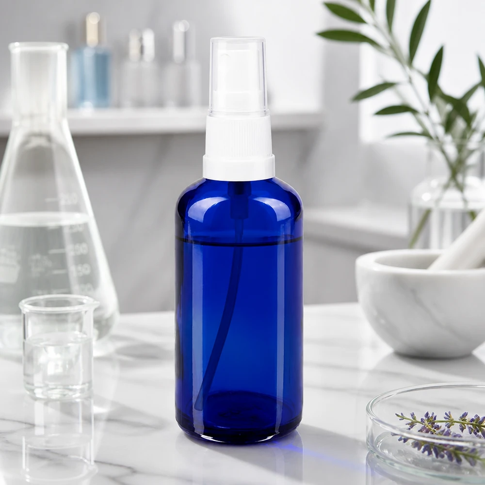 Blauwe glazen flessen 50ml met wit pompverstuiver Blauwe sprayfles van 50 ml met ronde schouders, gemaakt van apothekersglas, met een witte verstuiverkop