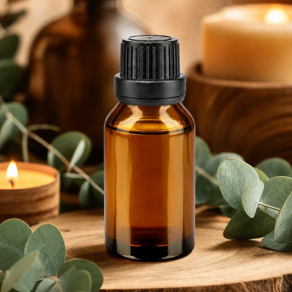 Bruine glazen fles 30ml met zwart schroefsluiting dicht. VR Kleine bruine glazen fles van 30 ml met SV OV-sluiting voor natuurlijke cosmetica en aromatherapie