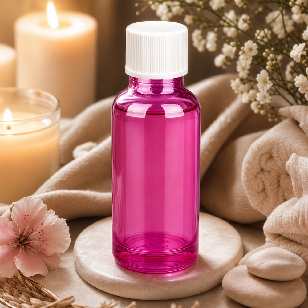 Handig violet glazen flesje van 20 ml met veilige witte dop voor mobiel gebruik