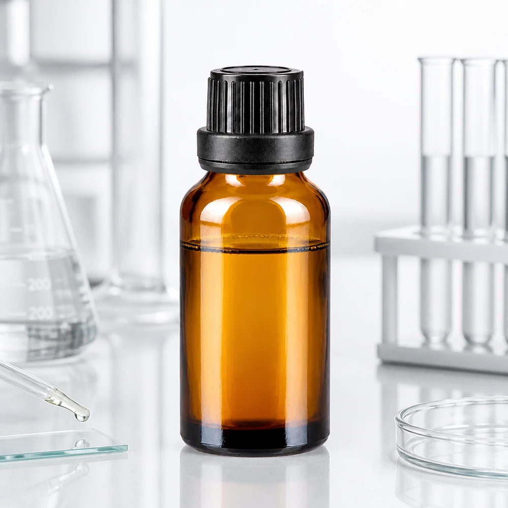 Apothekersflesje van 20 ml, bruin, met een smalle druppelopening van 2 mm en een gegroefde zwarte schroefdop
