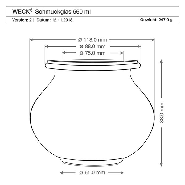 WECK RR80 sierglas van 560 ml met vershouddeksel WECK juwelenpot 560ml RR80 technische tekening afmetingen diameter hoogte 118mm 88mm productspecificatie gewicht 247g
