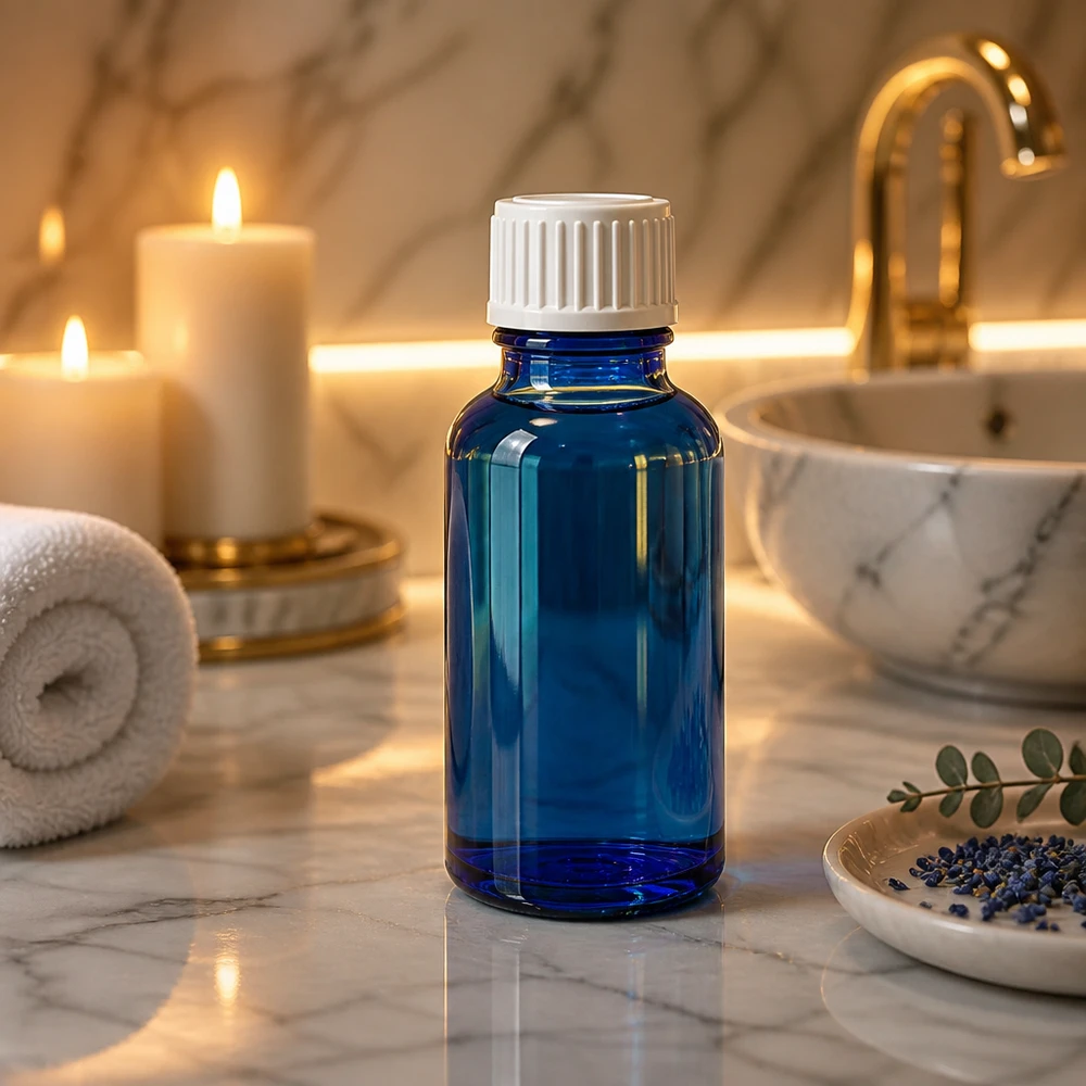 Kobaltblauw apothekersflesje van 20 ml, STD wit, spa-sfeer met handdoek en kaarsen