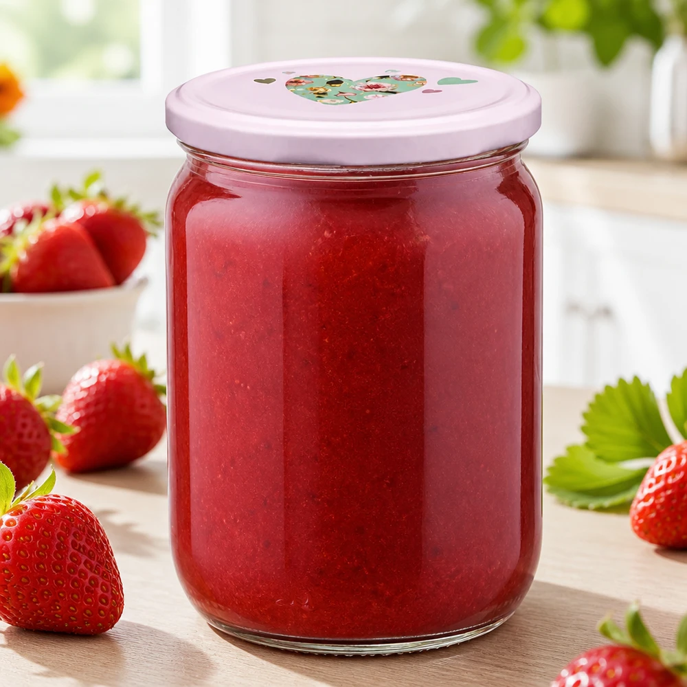 Cilindrische glazen pot van 555 ml met roze UNiTWIST-deksel met hartjesmotief, perfect voor bessen en vruchtenpasta’s