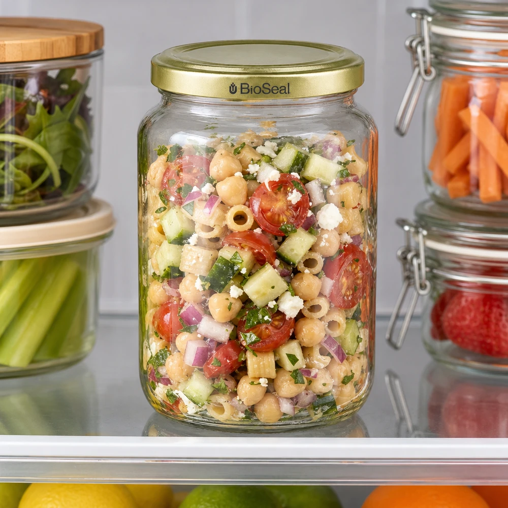 1000g BioSeal honingpot met kleurrijke kikkererwtensalade en groenten toont ideale maaltijdvoorbereiding in de koelkast