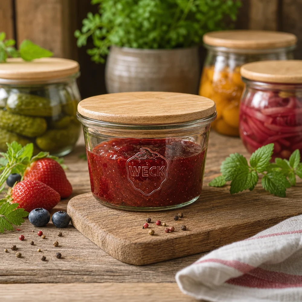 WECK-mini stortglas 35ml met hout deksel WECK mini inmaakpotje 35ml met houten deksel gevuld met jam op een rustiek houten plankje naast verse bessen