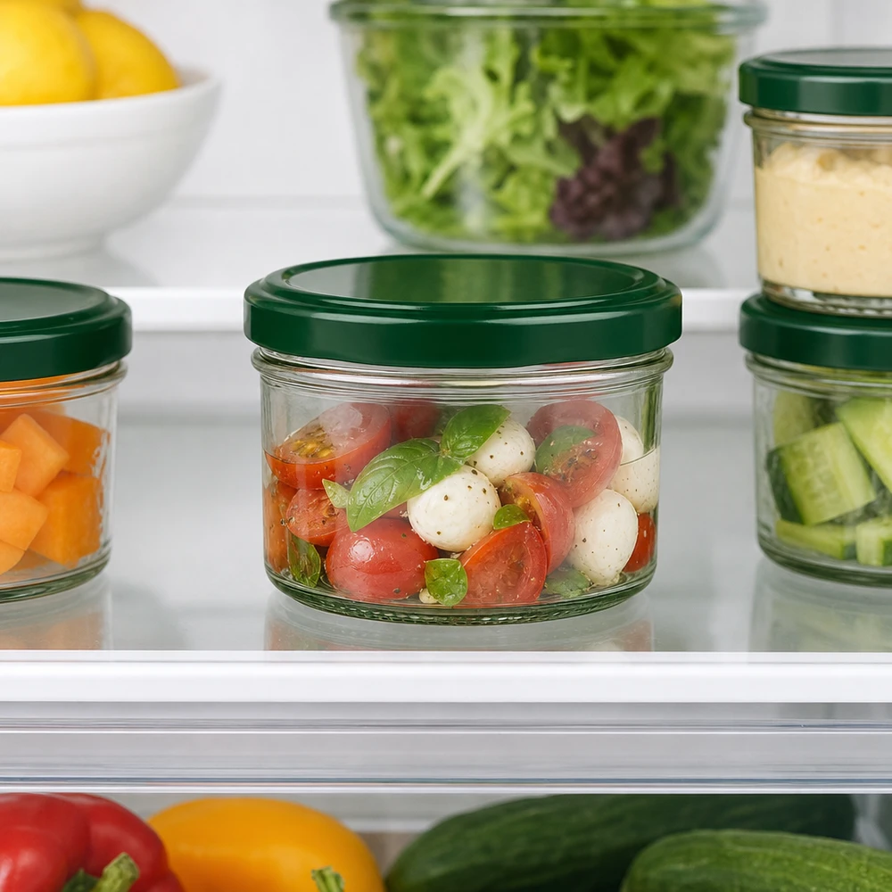230ml cilindrische pot met BasicSeal deksel groen UNiTWIST 230ml Zylinderglas mit grünem Deckel im Kühlschrank - optimale Frischhaltung für Salate und Meal Prep