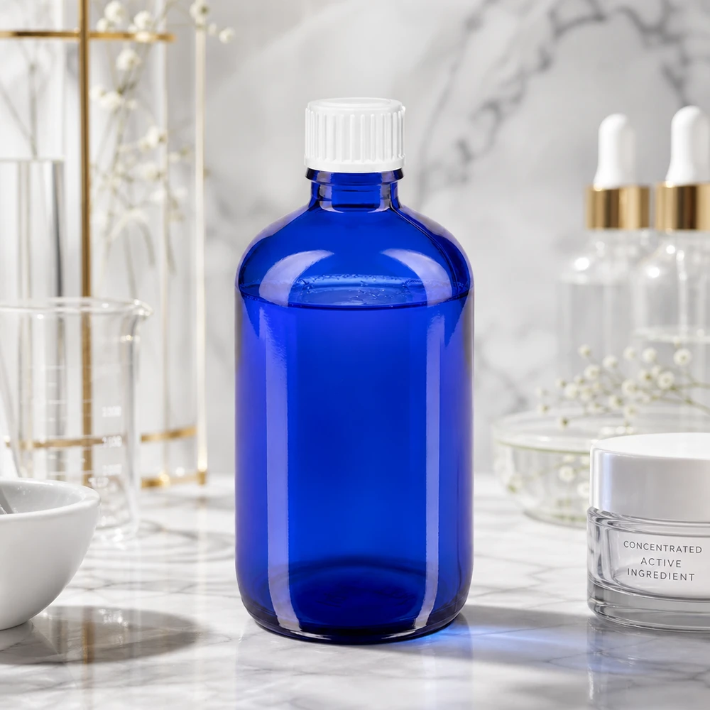 Blauwe glazen flessen 100ml met wit schroefsluiting St Professionele Apofles van 100 ml, gemaakt van blauw UV-werend glas met een witte dop