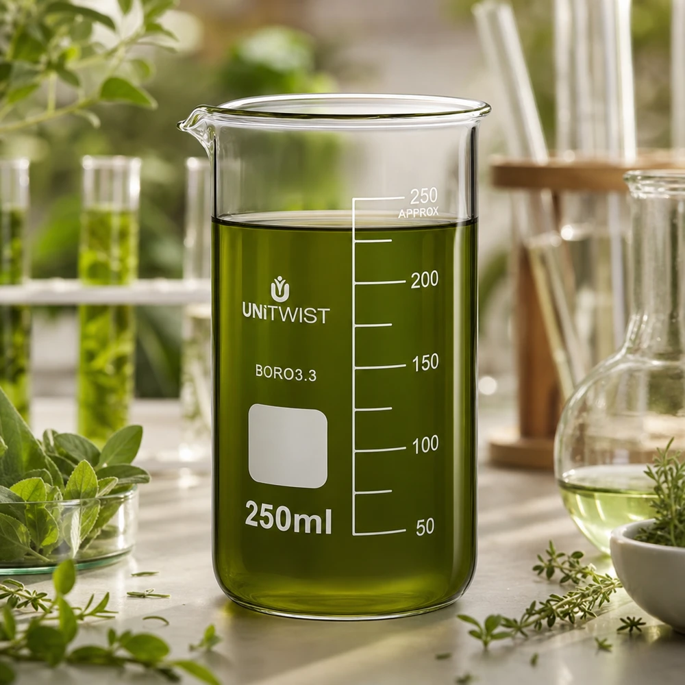 Groen plantenextract in het UNITWIST-borosilicaatglas van 250 ml, naast een Erlenmeyer-kolf en kruiden