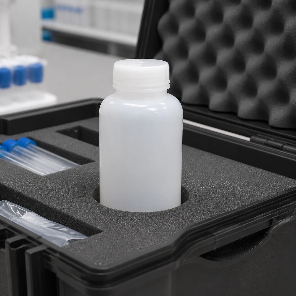 Wijde hals laboratoriumfles 250ml zonder sluiting Proeffles van 250 ml van HDPE in een mobiele laboratoriumkoffer voor veilig transport van monsters